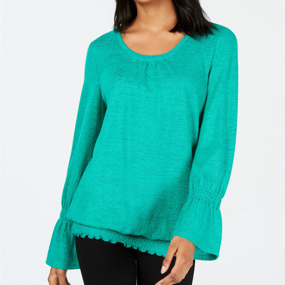Green Smocked-Hem Top